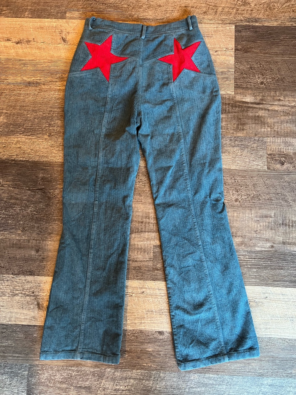 Nasty Gal Teal Corduroy Straight-Leg Jeans with Red Star Patches